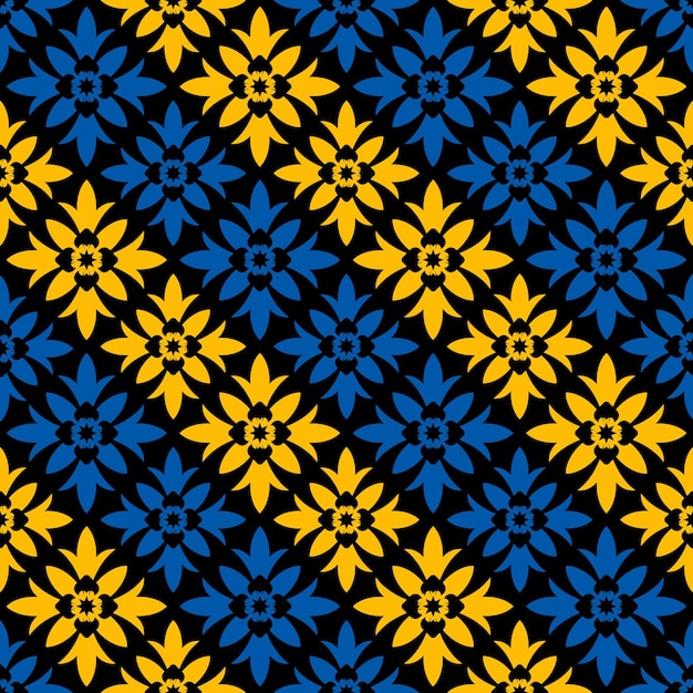 Naadloos patroon met gele en blauwe abstracte bloem en zwarte achtergrond