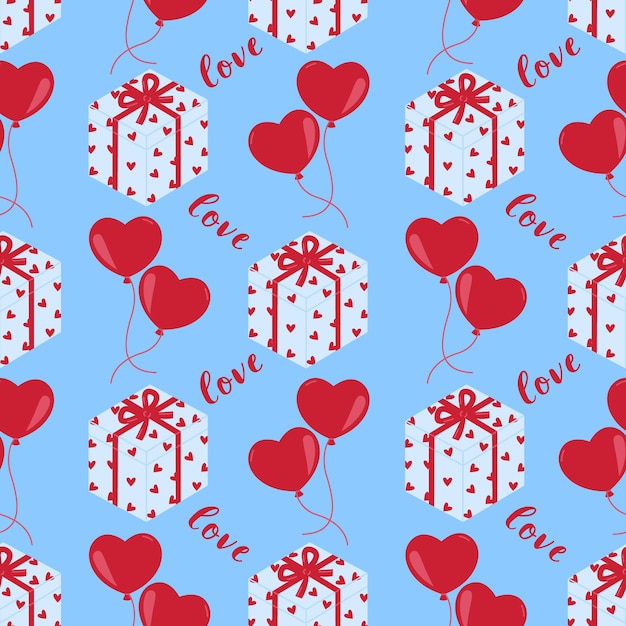 Naadloos patroon met geschenkdozen hartvormige ballonnen en woord liefde op blauwe backround