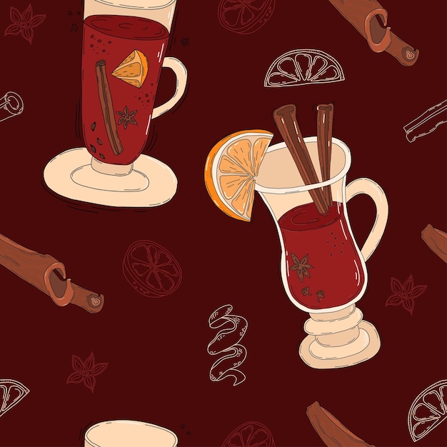 Naadloos patroon met glühwein, cocktailglas met warme wijn en kruiden op bordeauxrode achtergrond