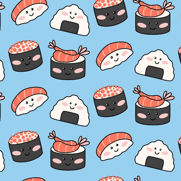 Naadloos patroon met grappige sushi in kawaii-stijl Vectorillustratie Cartoon-stijl