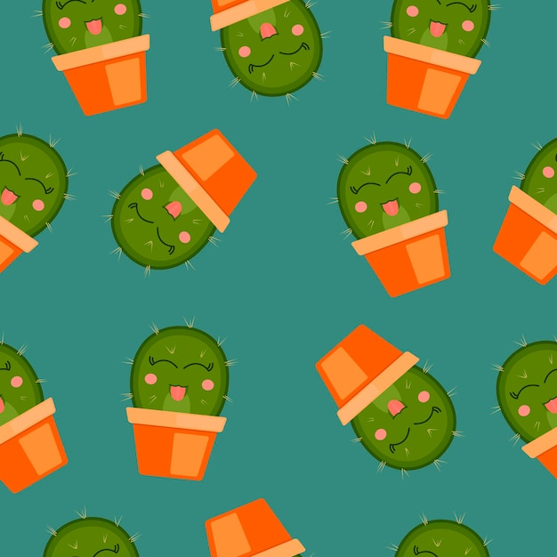 Naadloos patroon met groene cactus die tong in een pot op donkerblauwe achtergrond toont