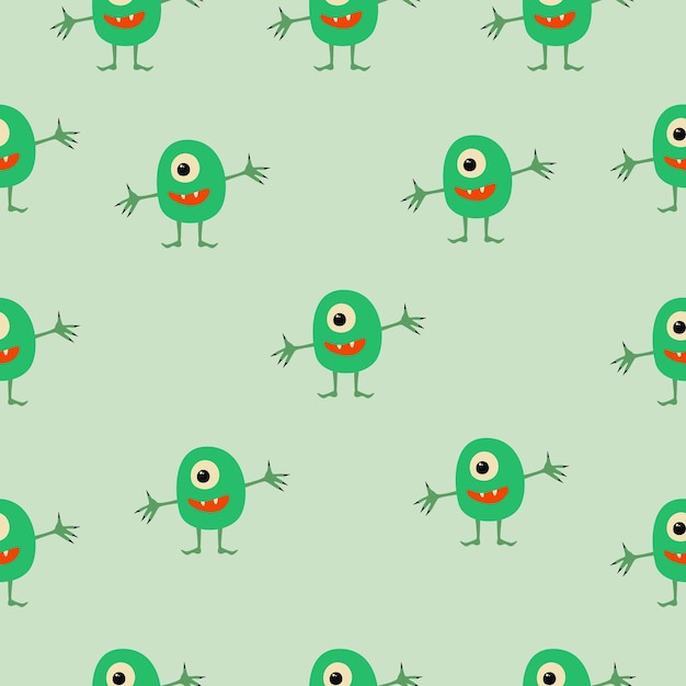Naadloos patroon met groene eenogige monsters met scherpe tanden en open armen