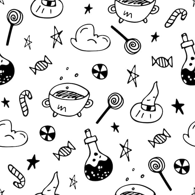 naadloos patroon met halloween-elementen in doodle stijl