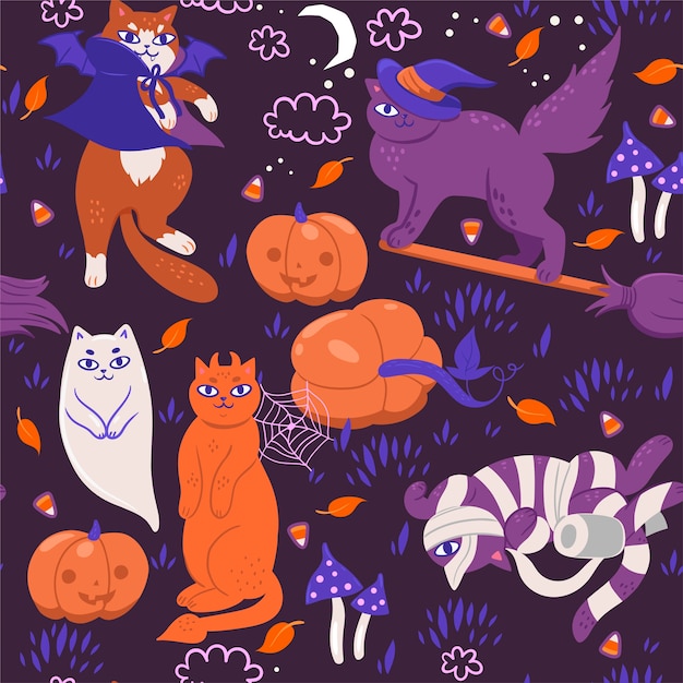 Naadloos patroon met halloween-katten.