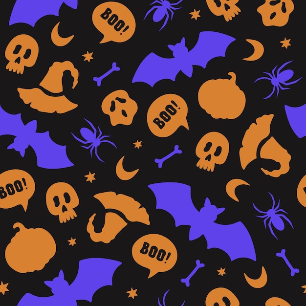 Naadloos patroon met halloween-silhouetelementen in mosterd en blauwe kleuren op een zwarte achtergrond