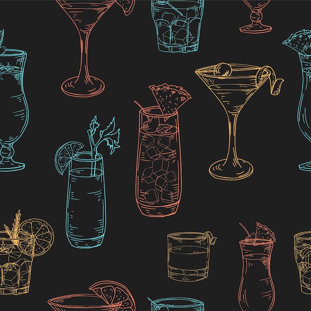 Naadloos patroon met hand getrokken elementen cocktails op witte achtergrond vector illlustration