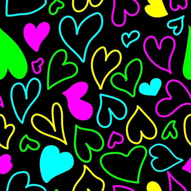 Naadloos patroon met hand getrokken kleurrijke harten op zwarte achtergrond