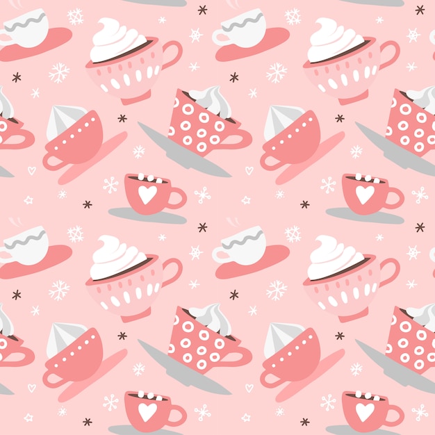 Naadloos patroon met hand getrokken roze valentijnsdag romantische schattige kopjes, mokken, harten, koffie, cacao