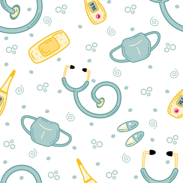 Naadloos patroon met handgetekende doodle-elementen met betrekking tot geneeskunde en gezondheidszorg