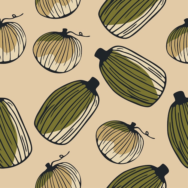 Naadloos patroon met handgetekende pompoenen op een beige achtergrond