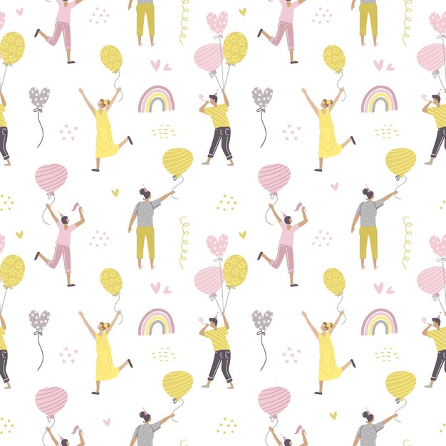 Naadloos patroon met het vieren van mensen vliegen op kleurrijke verjaardagsballons