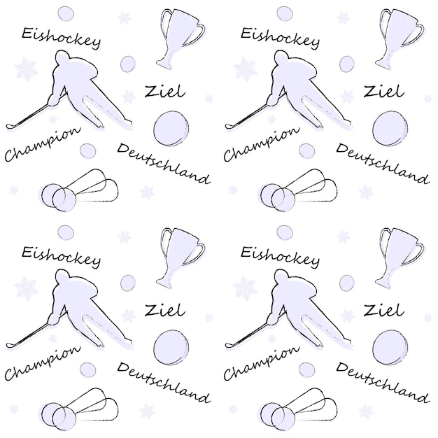 Naadloos patroon met hockeyspeler silhouet puck cup medailles en inscripties in Duitse vertaling Duitsland kampioen doel ijshockey IJshockey wereldkampioenschap 2023 concept Vector afbeelding