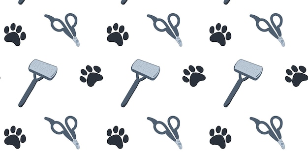 Naadloos patroon met huisdierenpootafdruk, schaar en huisdierenkam