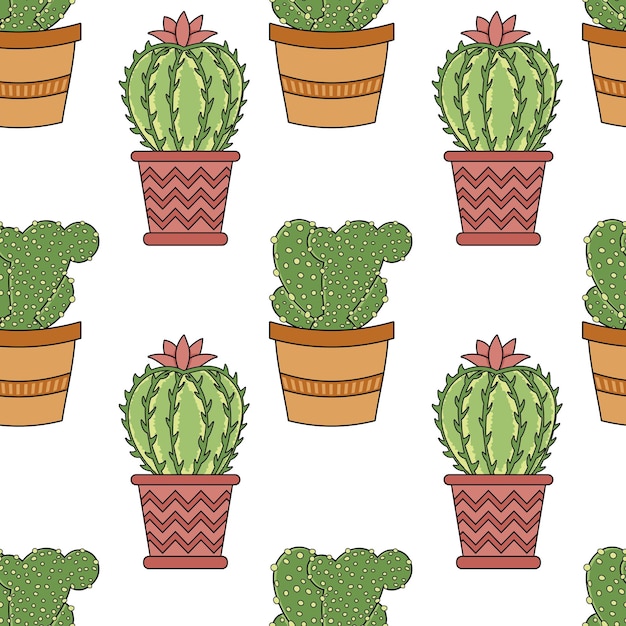 Naadloos patroon met huisplanten cactussen vetplanten in potten