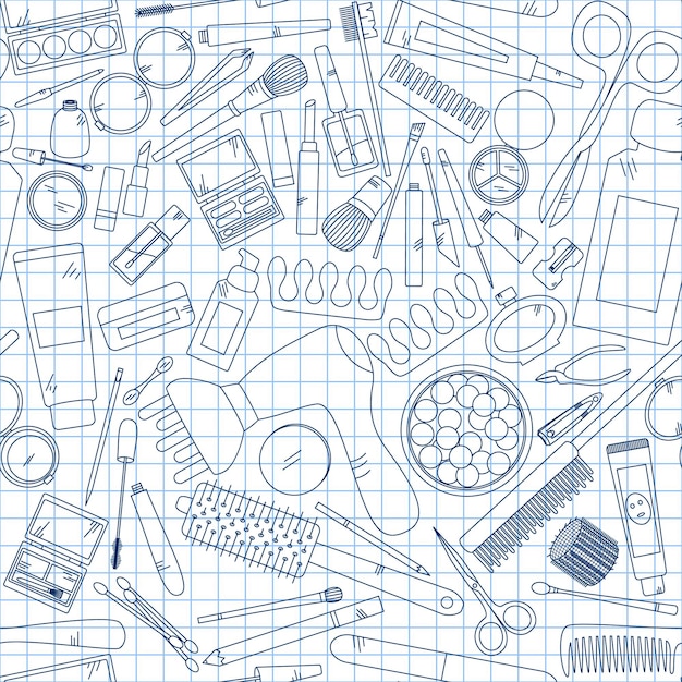 Naadloos patroon met hulpmiddelen voor make-up op notebook vectorcollectie voor schoonheidsontwerp