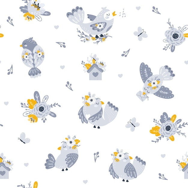 Naadloos patroon met illustraties van bloemen en vogels