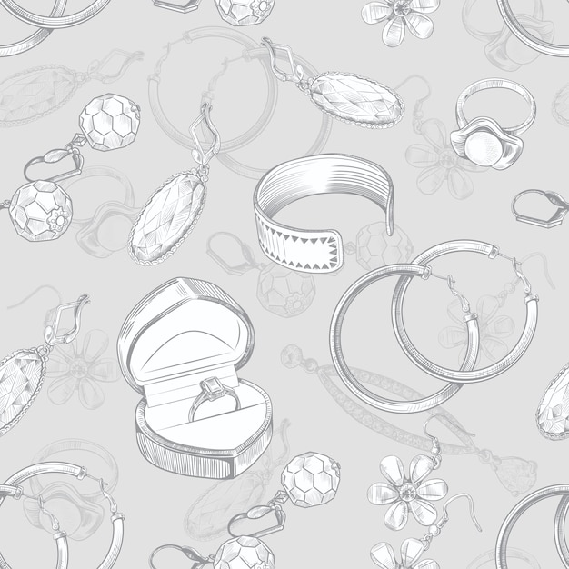 Naadloos patroon met jewelries op een achtergrond Een handgetekende schets van sieraden Vectorillustratie