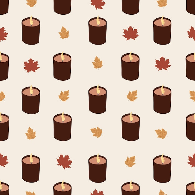 Naadloos patroon met kaarsen en herfstbladeren