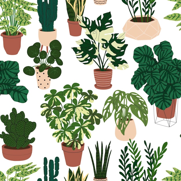 Naadloos patroon met kamerplanten in de potten papier- en textieldecor interieurontwerp modern huisplanten vlakke stijl in vectorillustratie