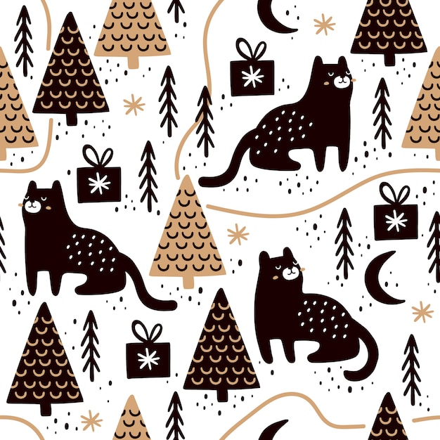 Naadloos patroon met katten en kerstmisbomen.