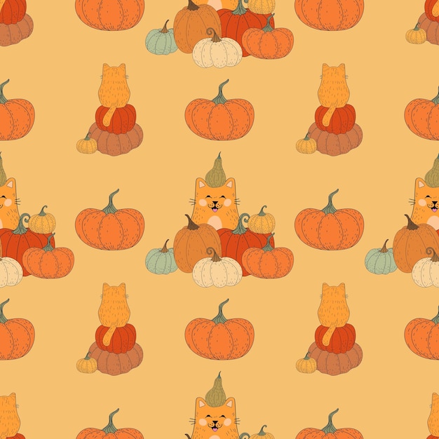 Naadloos patroon met katten. patroon met pompoenen. halloween, bloemen, kat, herfst, bladeren.