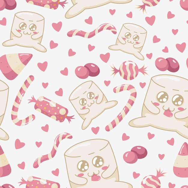 Naadloos patroon met kawaii marshmallow die op een snoephart kauwt omringd door verschillende snoepjes