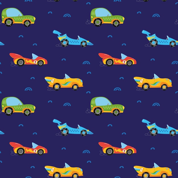 Naadloos patroon met kleurrijke auto's van schattige kinderen op een blauwe achtergrond tekening voor kindertextiel