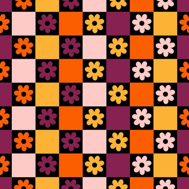 Naadloos patroon met kleurrijke dambord en madeliefjes.