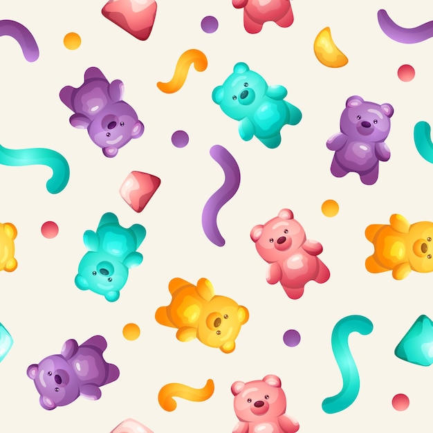 Naadloos patroon met kleurrijke zoete jelly bears en gummy fruitsnoepjes