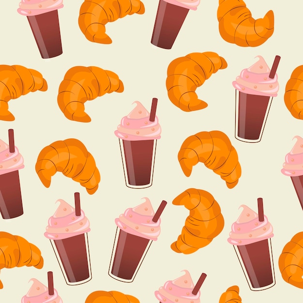 Naadloos patroon met koffie en croissant op beige background