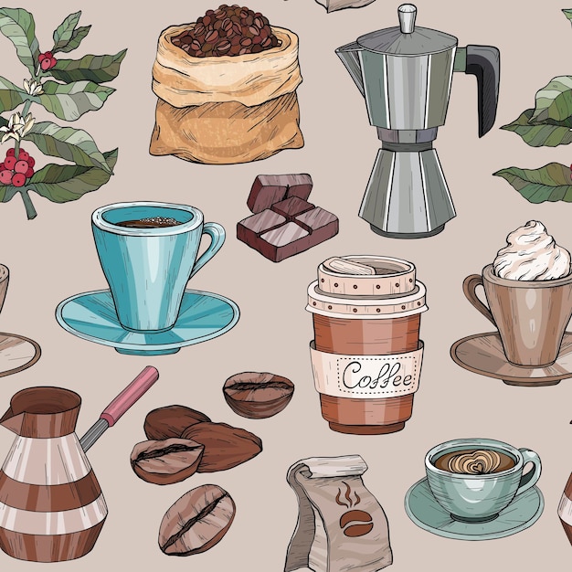 Naadloos patroon met koffiepartijcollectie Met de hand getekende retro-illustratie met koffie