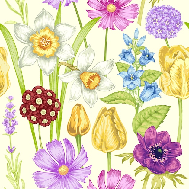 Naadloos patroon met lentebloemen narcissen tulpen bluebells sleutelbloemen cosmos lavender vintage