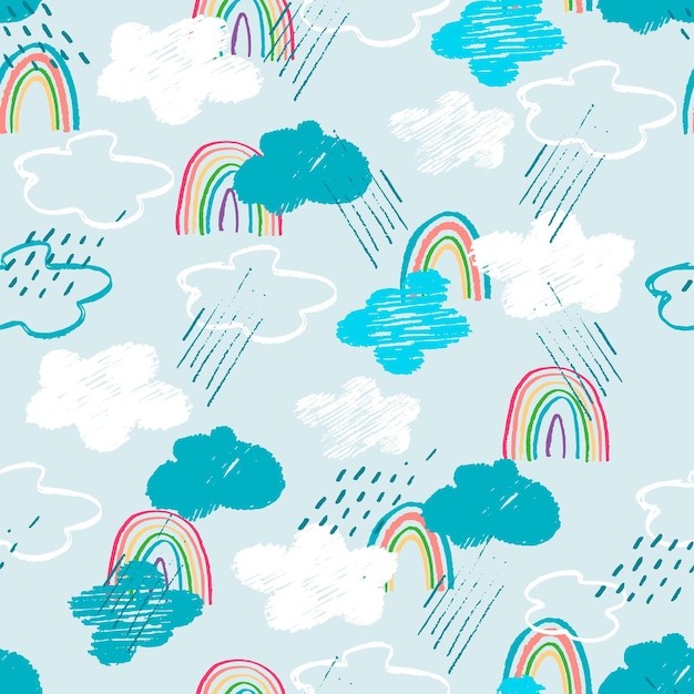 Naadloos patroon met lichtblauwe lucht, regenachtige wolken, regenbogen Childs tekenstijl Wallpaper achtergrondkleur voor kinderen Perfect voor baby-peuterkleding beddengoed