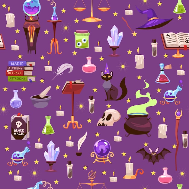 Naadloos patroon met magische items Heks en tovenaar accessoires Decor textiel verpakking papier behang ontwerp Halloween afdruk voor stof Cartoon platte stijl geïsoleerde vector concept