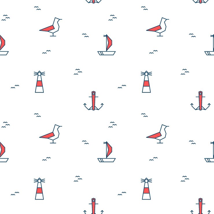 Naadloos patroon met mariene elementen. Nautische illustraties van een zeemeeuw, zeilboot, vuurtoren en anker op een witte achtergrond. vector illustratie