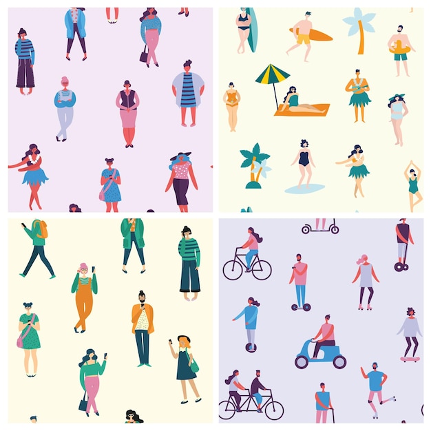 Naadloos patroon met mensen die op straat lopen, fietsen of skateboarden achtergrond met mannen, vrouwen en kinderen die buitenactiviteiten uitvoeren platte vectorillustratie voor textielprint