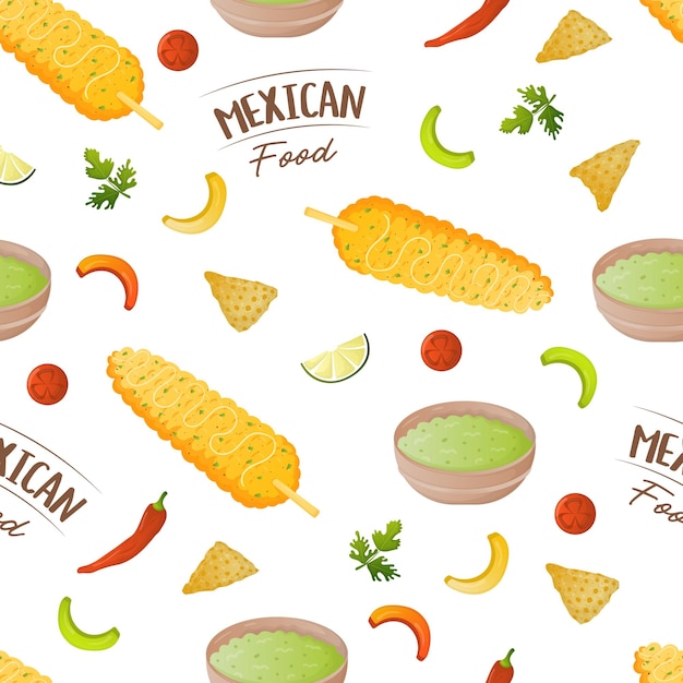 Naadloos patroon met Mexicaans eten elotes gebakken maïsgroenten en guacamole Fastfoodrestaurant en straatvoedselsnacks vleestortilla's afhaalmaaltijden