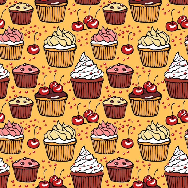 Naadloos patroon met muffins en kersen