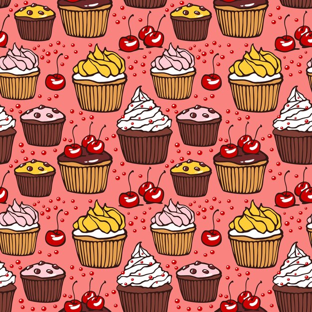Naadloos patroon met muffins en kersen