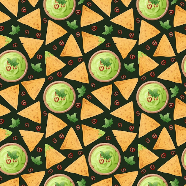 Naadloos patroon met nacho's op een groene achtergrond. Traditioneel Mexicaans eten. Maïschips met guacam