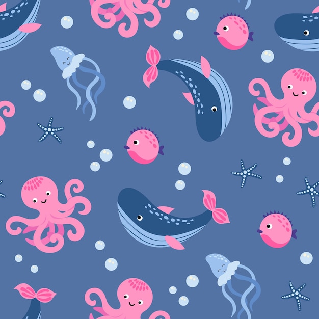 Naadloos patroon met octopuswalvissen en kwallen Handgetekende stijl