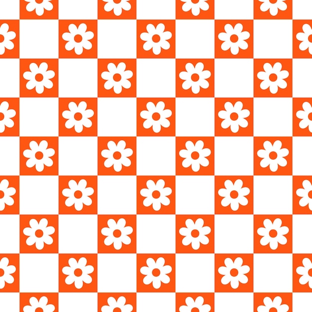 Naadloos patroon met oranje en witte vierkanten en bloemen