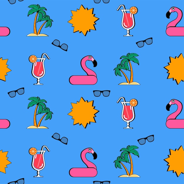 Naadloos patroon met palmbomen zon rubberen ring flamingo cocktail