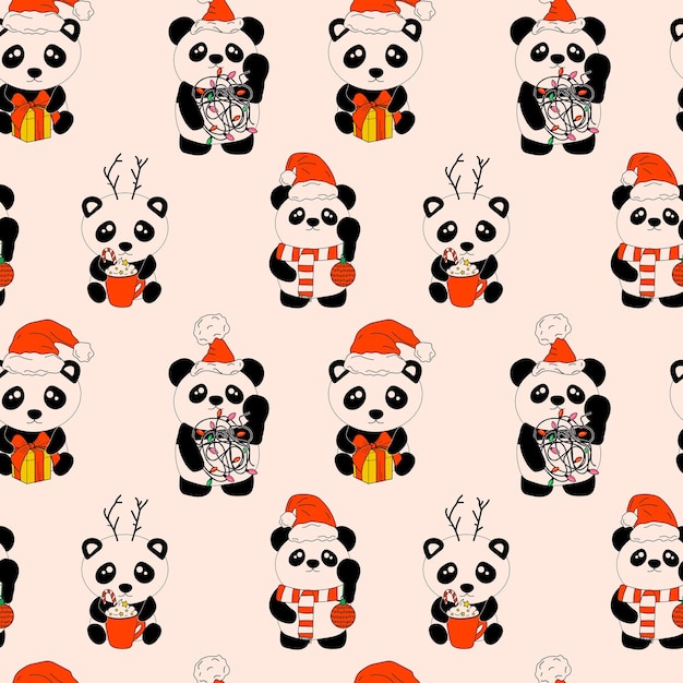 Naadloos patroon met Panda met kerstversiering