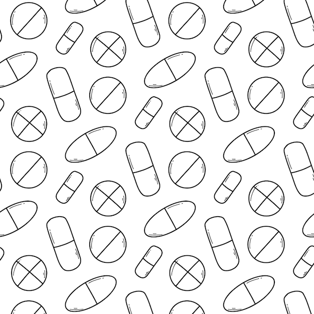 Naadloos patroon met pillen, vitamines en capsules Medische print met medicijnen Vector illustratie Doodle stijl