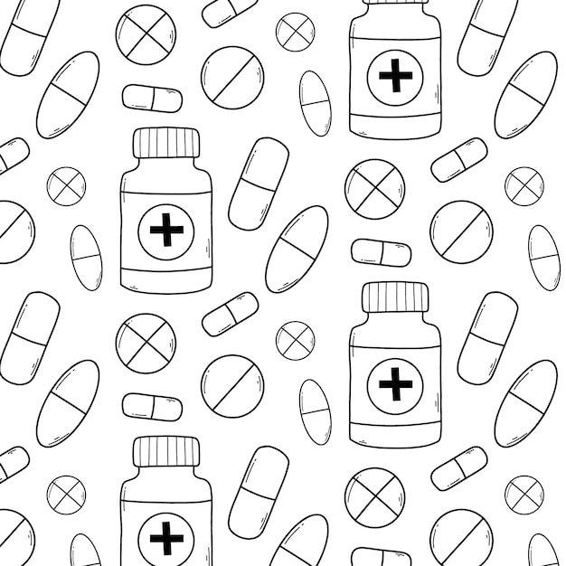 Naadloos patroon met pillen, vitamines en capsules Medische print met medicijnen Vector illustratie Doodle stijl