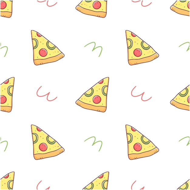 Naadloos patroon met plak van pizza in krabbelstijl op witte achtergrondvoedselillustratie