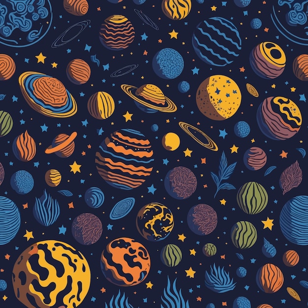 Naadloos patroon met planeten en sterren op een donkere achtergrond.