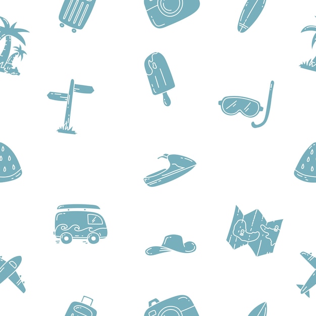Naadloos patroon met reis- en vakantie-elementen Doodle vakantie naadloos patroon