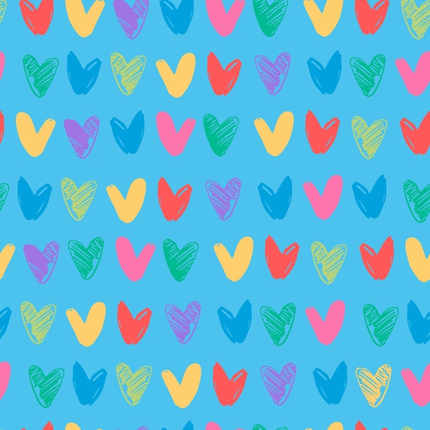 Naadloos patroon met rijen hand getrokken veelkleurige hartvormen op blauwe achtergrond voor cadeaupapier en andere ontwerpprojecten LGBT Love romantiek Valentijnsdag concept